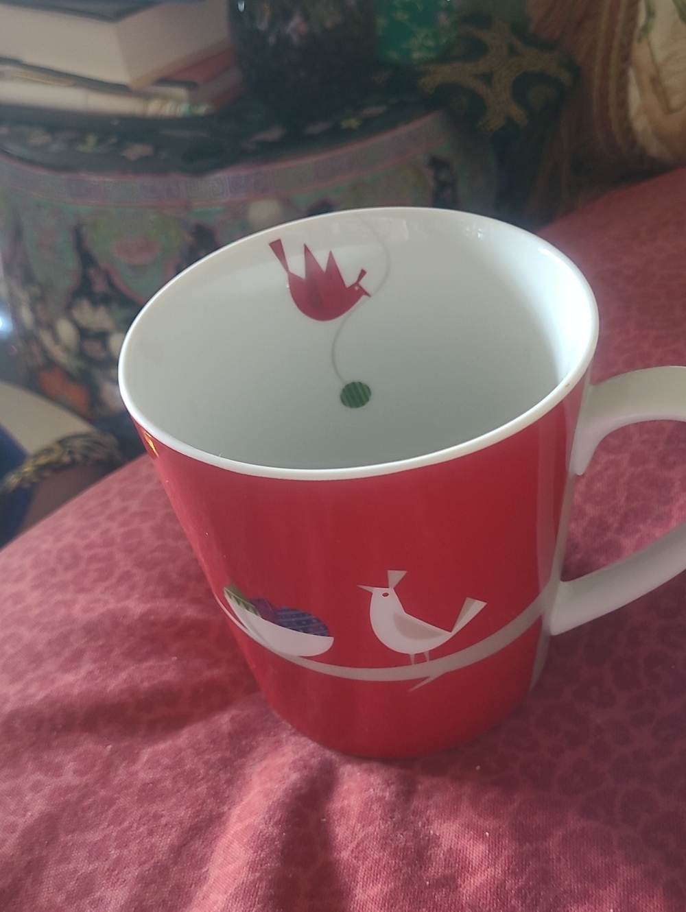 STARBUCKS  Christmas Red Ceramic Mug with White Bird Motif - Home Dining 2011